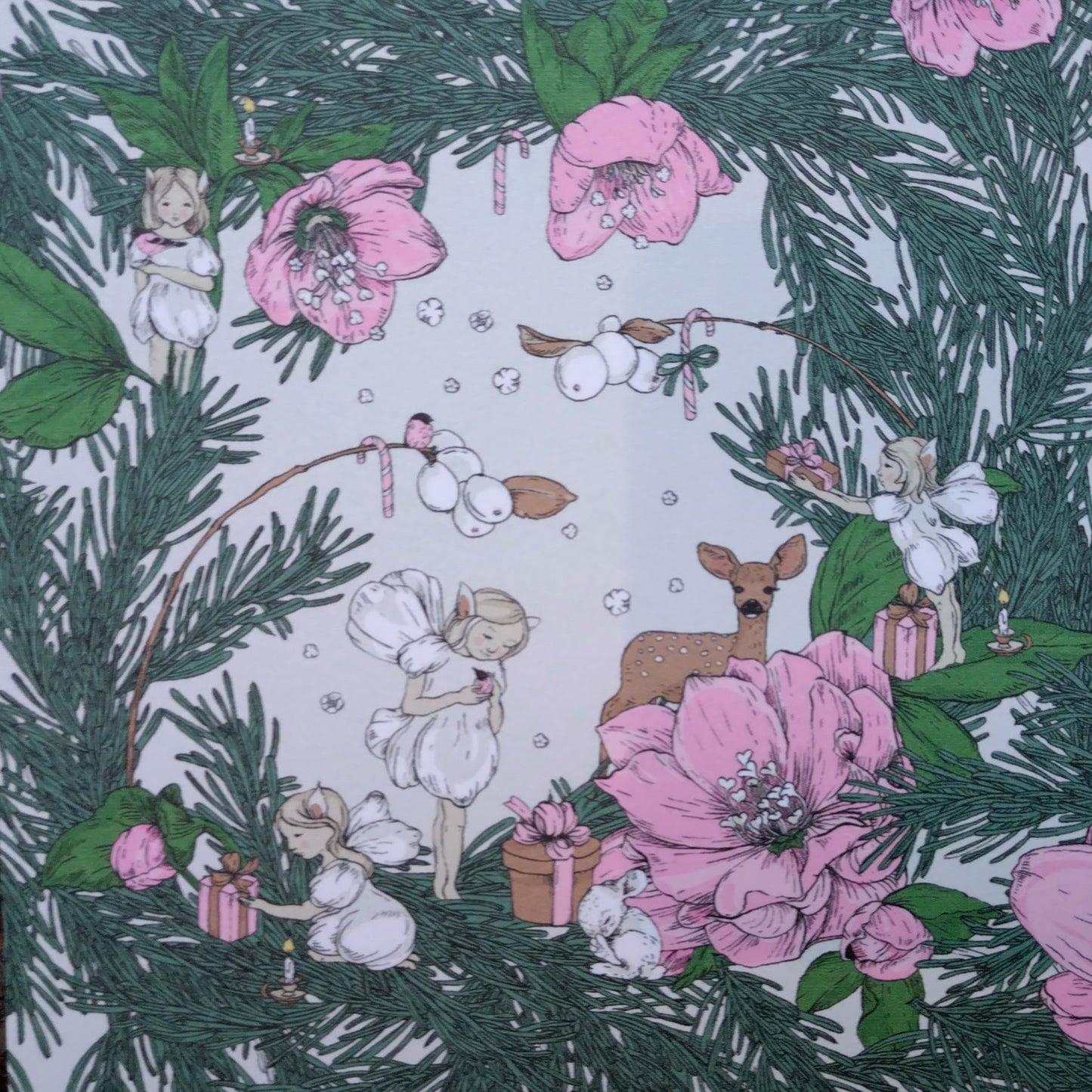Card - fairies in a green wreath with pink flowers and white background