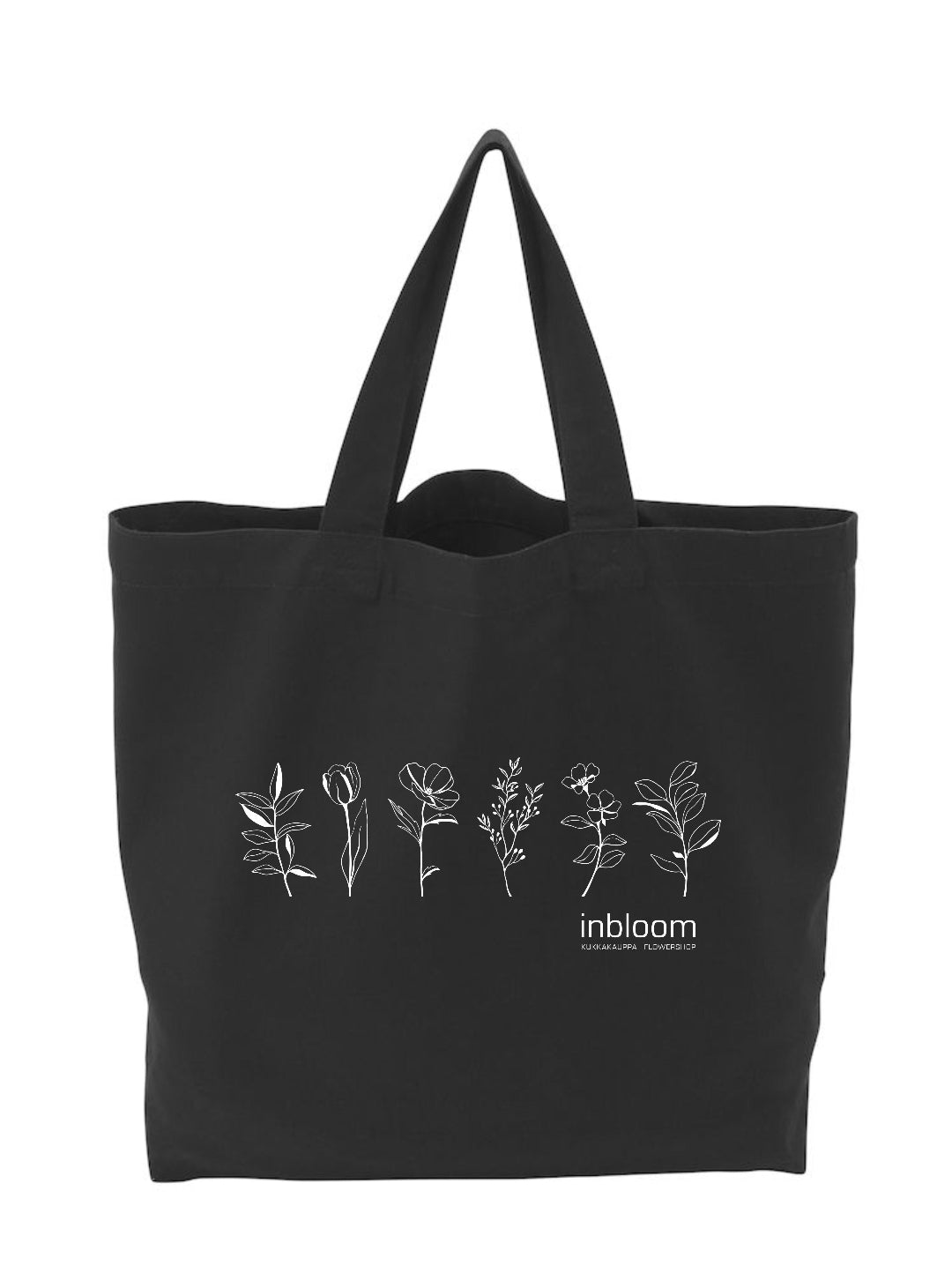 black cotton bag with white inbloom logo