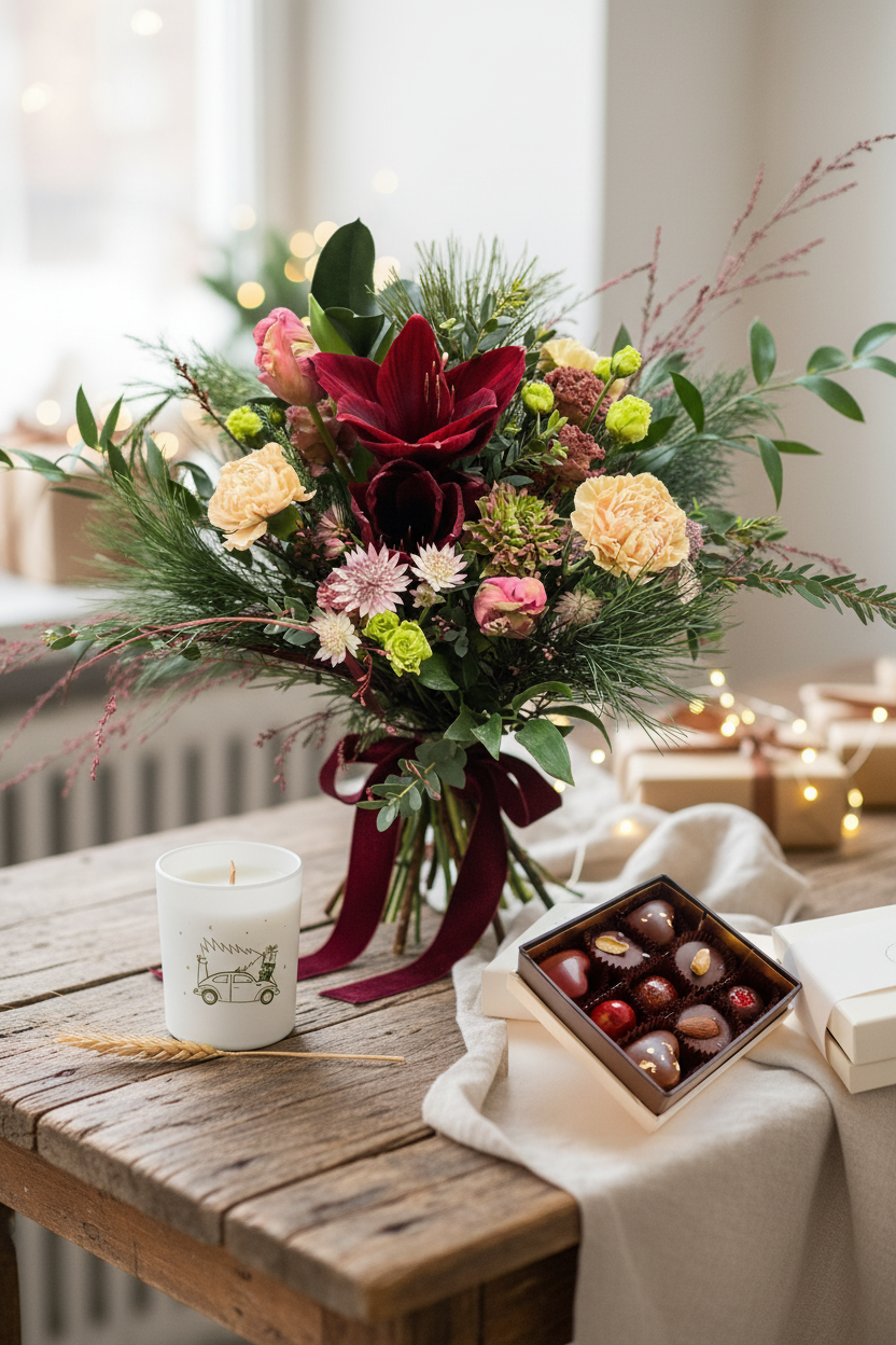 Christmas gift bundle with Joulu Kimppu, chocolate, and fir candle