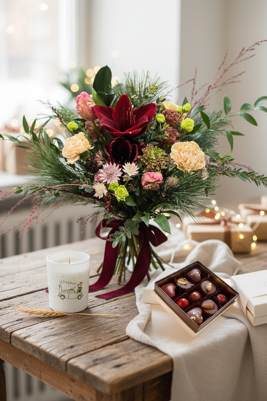 Christmas gift bundle with Joulu Kimppu, chocolate, and fir candle