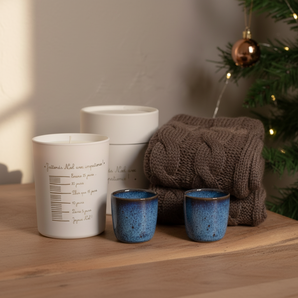 Gift bundle with cottage socks, gingerbread candle, and wonder blue espresso cups