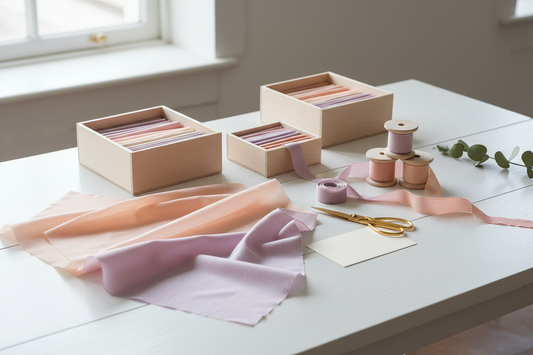 Gift wrapping station with pastel silk papers and cotton ribbons
