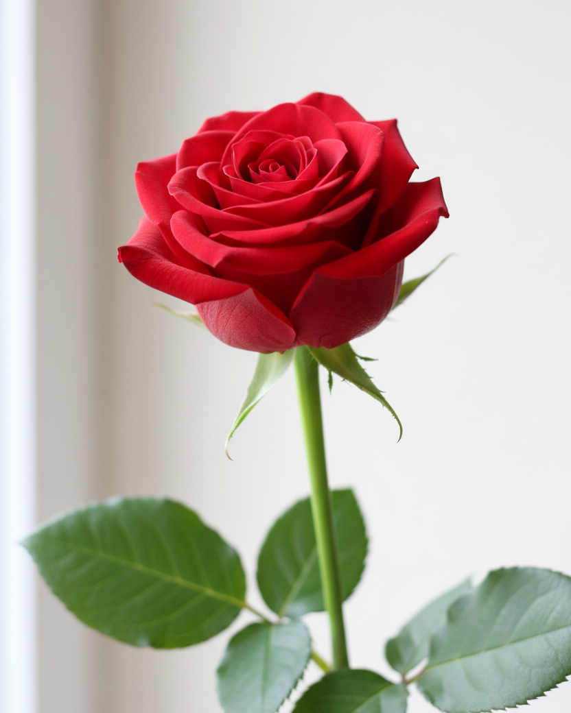 Red Rose with Stem and Leaves