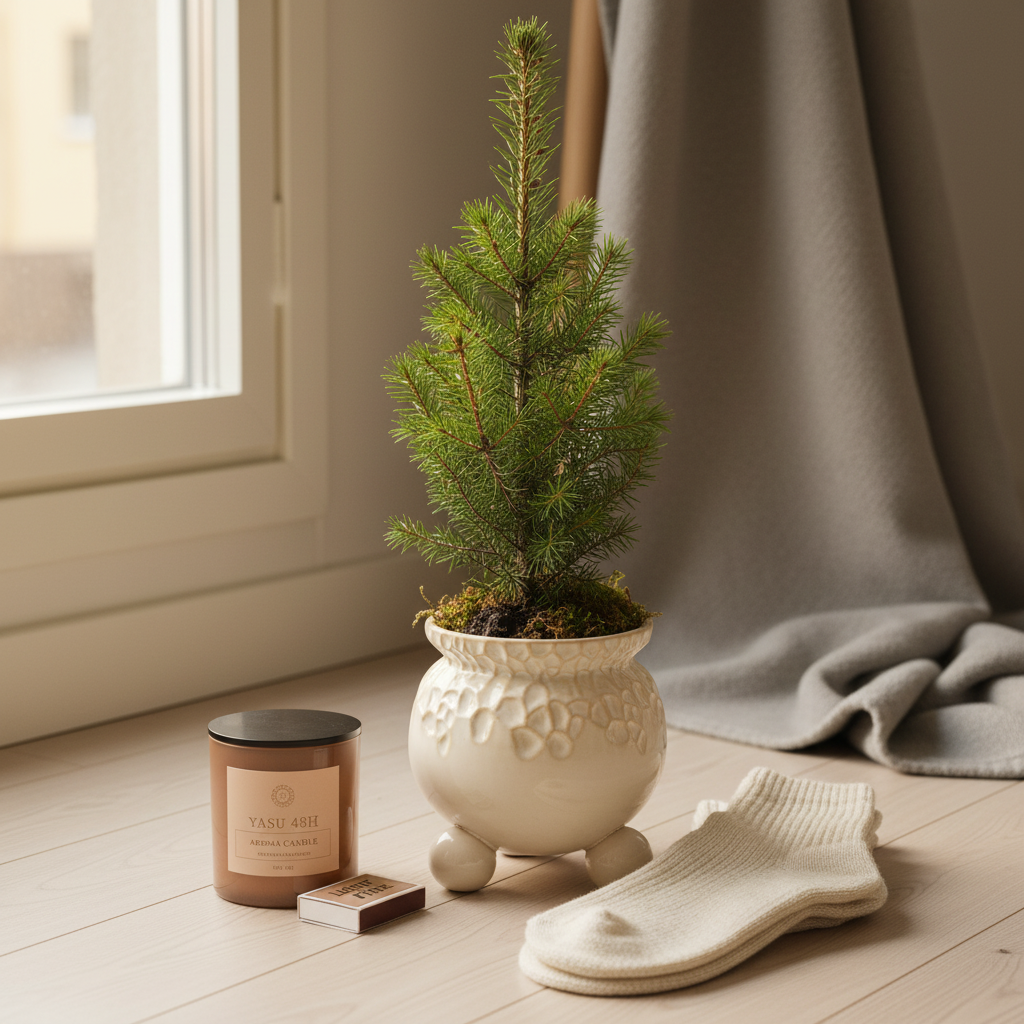 Snuggle Bundle with tall minikuusi in Anya pot, boyfriend socks, and Yasu candle